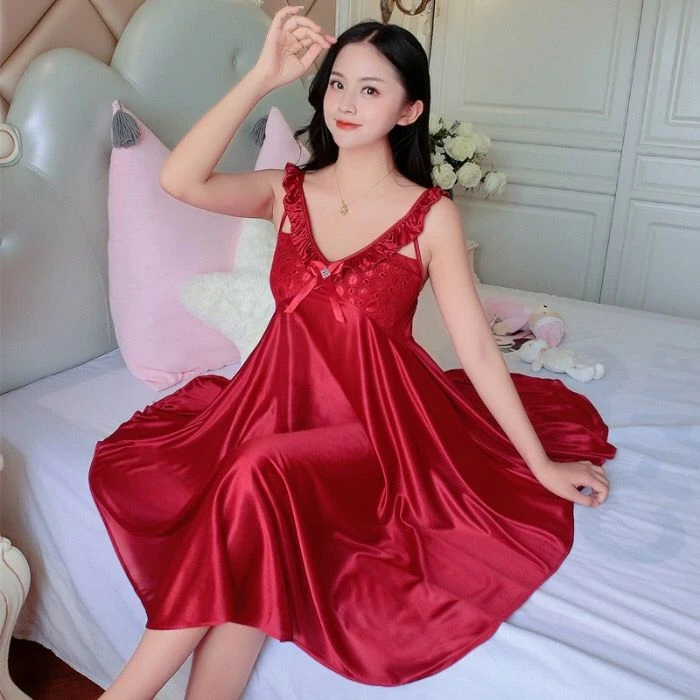 Robe Nuisette Longue Satin Avec Dentelles Et Noeud(Robe Nuisette Longue Satin) 4 Robe Nuisette Longue Satin Avec Dentelles Et Noeud(Robe Nuisette Longue Satin) – Image 4