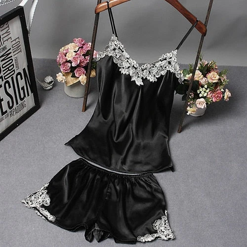 Pyjama 2 Pièces Femme Satin Avec Fleurs En Dentelles(Pyjama 2 Pieces Femme Satin) 5 Pyjama 2 Pièces Femme Satin Avec Fleurs En Dentelles(Pyjama 2 Pieces Femme Satin) – Image 5