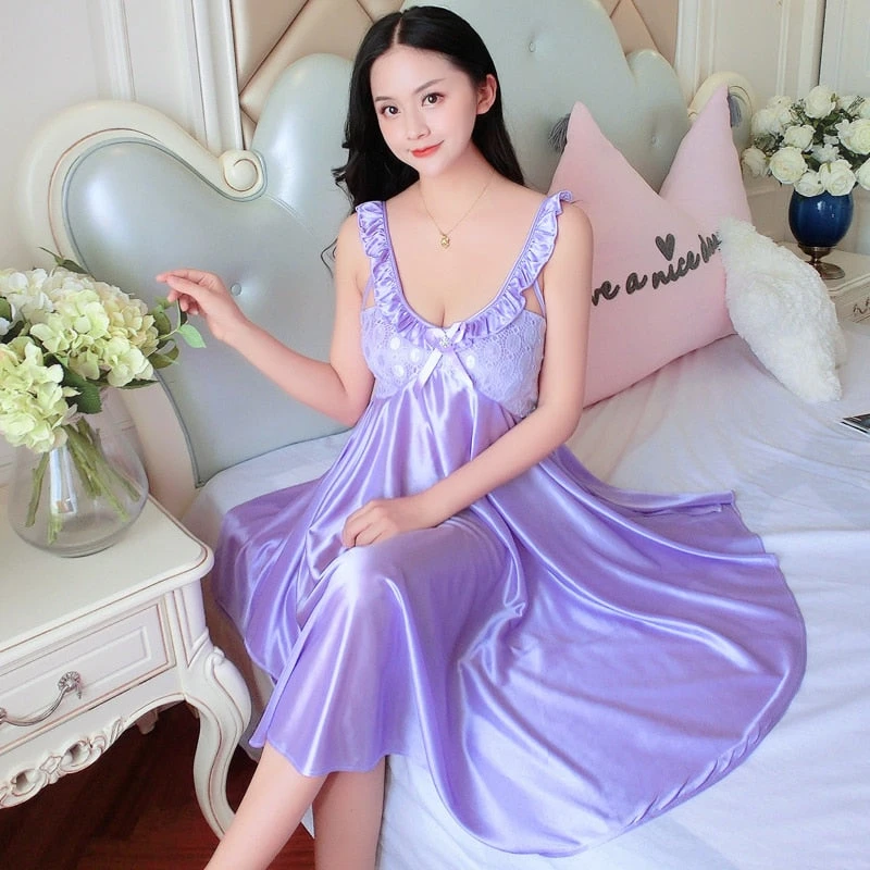 Robe Nuisette Longue Satin Avec Dentelles Et Noeud(Robe Nuisette Longue Satin) 1 Robe Nuisette Longue Satin Avec Dentelles Et Noeud(Robe Nuisette Longue Satin)