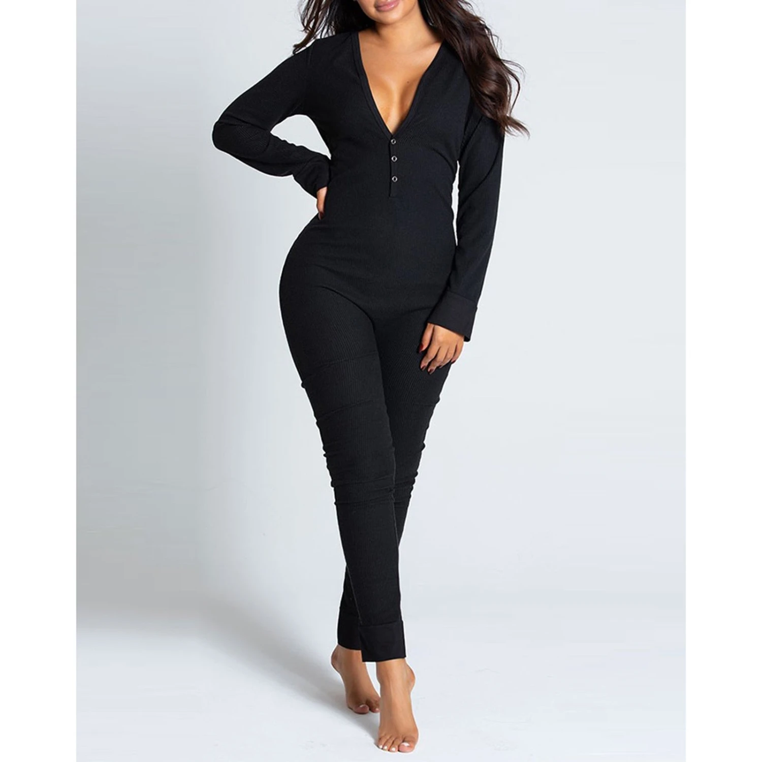 Combinaison Pyjama Sexy Décolleté En V à Manches Longues(Combinaison Pyjama Sexy) 2 Combinaison Pyjama Sexy Décolleté En V à Manches Longues(Combinaison Pyjama Sexy) – Image 2