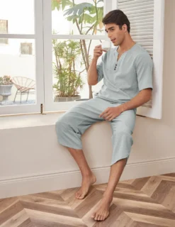 Pyjama Homme Décontracté 2 Pièces En Lin Pour L'Été(Pyjama Homme Decontracte)